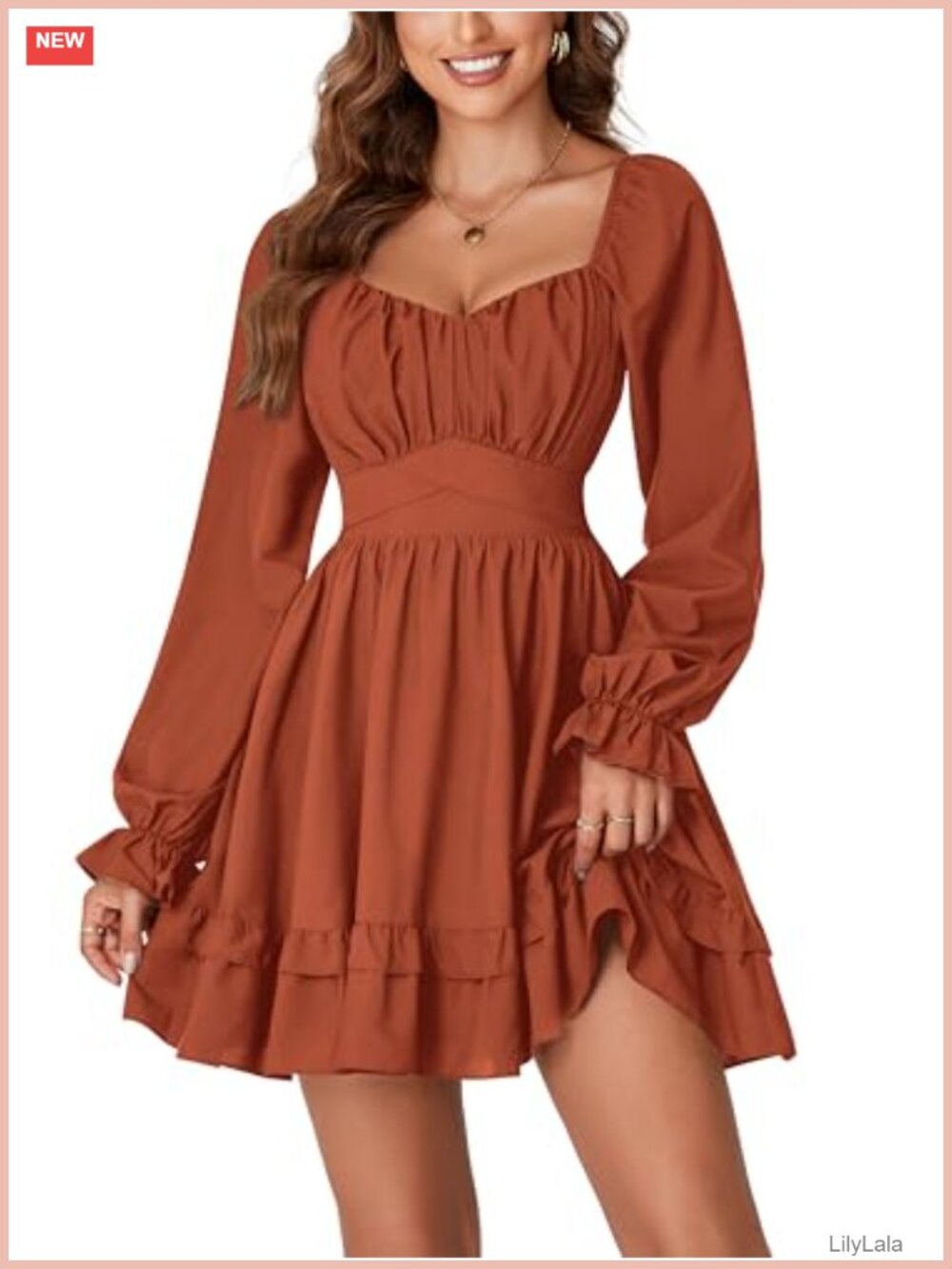 Women's Long Sleeve Wrap Mini Dress Square Neck Ruffle A-Line Casual